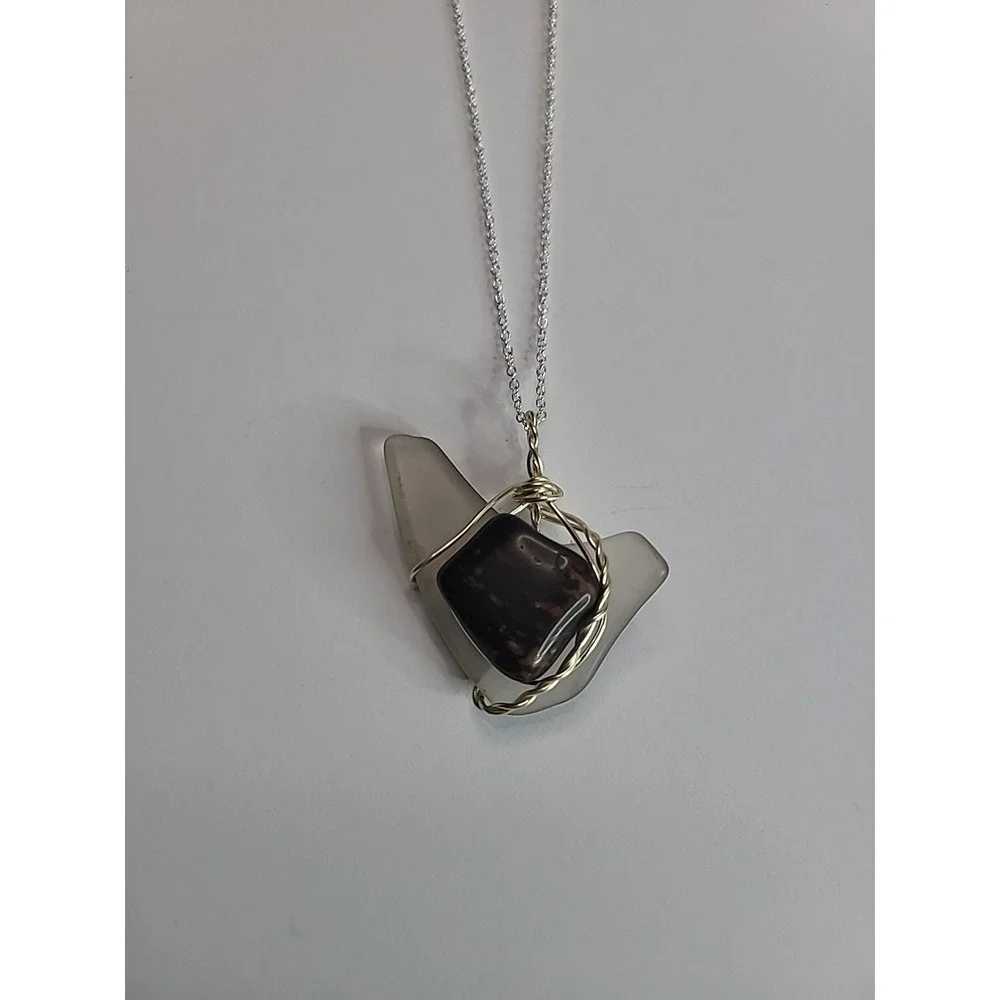 Handmade Wire Wrapped‎ Sea Glass Pendant Necklace Frosted Glass Boho Jewelry